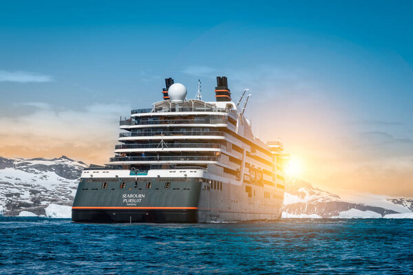 Cierva Cove, Antarctica - January 11, 2024: Cruise ship Seabourn Pursuit in Antarctica.