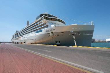  Piraeus, Greece - July 19, 2024: Silversea's newest cruise ship Silver Ray in port of Piraeus Greece. Embarkation day. clipart