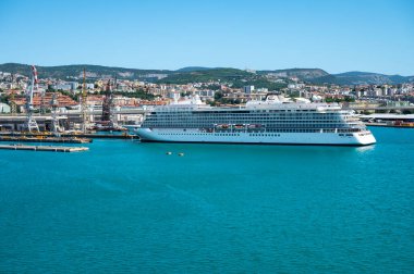 Trieste, İtalya - 29 Temmuz 2024: Trieste Limanı 'nda Yeni Gemi Viking Vela.