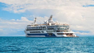 Galapagos, Ekvador - 28 Şubat 2025: Galapagos 'taki South Plaza Adası' nda Ünlüler Gemi Seferi Flora. Yan Görünüm.