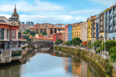 Bilbao Spain Colorful Waterfront with Ribera Market, River Reflections and Bridge