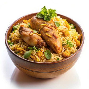 tavuk biryani, hintli tavuk pilavı basmati pilavı, basmati pilavı ve tavuk mati ile servis edilir.