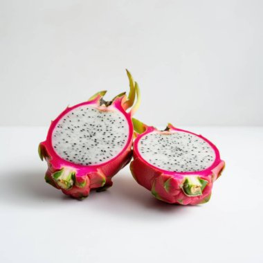 Whole dragon fruit nestled in a basket on white background for vibrant food photography clipart