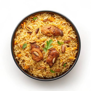 Taze tavuk parçaları, mis kokulu baharatlar ve kızarmış bademlerin yer aldığı lezzetli bir pirinç yemeği olan bu aromalı Tavuk Biryani 'nin tadını çıkarın. Mutfak lezzeti.