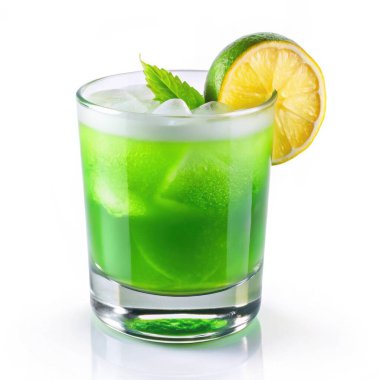 Limonlu, naneli ve buzlu taze yeşil kokteyl. Beyaz arka planda izole edilmiş lezzetli ve canlı bir alkollü içecek..
