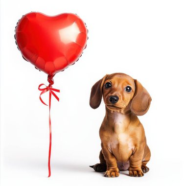 Sevimli bir dachshund köpeği elinde kırmızı bir kalp balonu tutarak tatlı tatlı bakar. Sevgililer Günü ya da kutlama projeleri için mükemmel. Şirin bir köpek portresi..