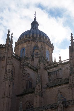 The New Cathedral of Salamanca (Spain). Gothic and baroque cathedral in Salamanca. View from below of the facade of Salamanca Cathedral.