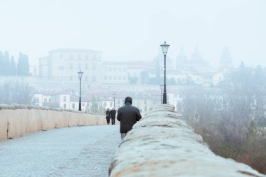Salamanca, İspanya; 26 Aralık 2023: Bulutlu bir günde yürüyen kışlık giysili adam. Soğuk bir kış gününde insanlar cadde boyunca yürüyorlar. Soğuk ve soğuk bir atmosferi olan şehir manzarası.
