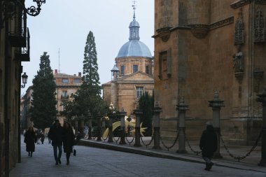 Salamanca, İspanya; 26 Aralık 2023: Salamanca Katedrali ve tarihi şehir merkezinde bulunan San Sebastian Kilisesi 'nde gezinen turistler.