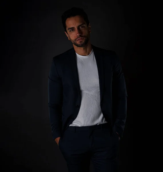 Handsome Gentleman Donning Sleek Navy Blue Suit Captured Studio Setting Stock Picture
