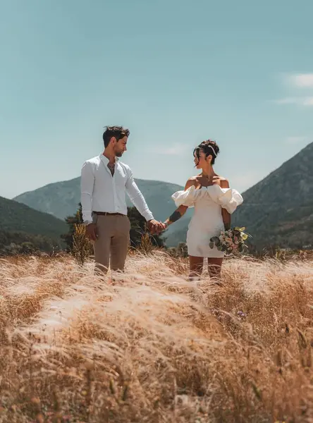在婚礼摄影中 新郎和新娘手牵着手 在宏伟的花园和金色的麦田背景下拥抱在一起 免版税图库照片