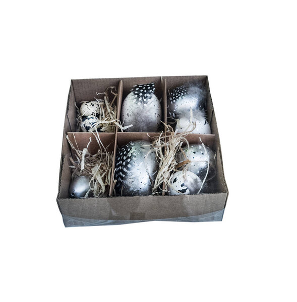 stylish painted big Easter eggs in a silver stylized tray with bird feathers