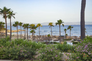 Kyllini, Peloponnese, Yunanistan - 16 Haziran 2024: Yunanistan 'daki Grecotel Lüks Oteli. Olympia Riviera, bungalov binaları ve turist taşıyan elektrikli bir araba.