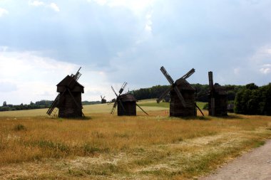 Açık hava müzesindeki ahşap yel değirmenleri Pirogovo, Ukrayna