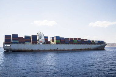 A close-up of a cargo ship in the Mediterranean Sea