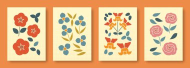 Vektör illüstrasyonu, pastel renklerdeki çiçeklerin soyut yaşamı. Çağdaş sanat koleksiyonu. Çiçek seti Petunia tradescantia snapdragon sosyal medya için östoma, posterler, kartpostallar