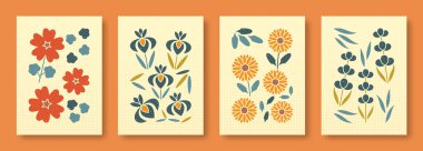 Vektör illüstrasyonu, pastel renklerdeki çiçeklerin soyut yaşamı. Çağdaş sanat koleksiyonu. Sosyal medya, posterler, kartpostallar için sardunya çiçeği seti Gerbera lavantası.