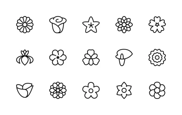 Vector set linear icons of flowers. Flora. Rose, peony, azalea, gardenia, buttercup, poppy, calla lily, iris, dahlia, and more. Isolated collection of flowers for web sites on white background.