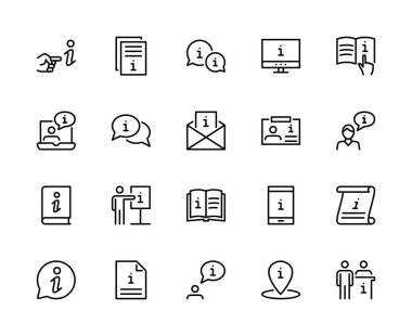 Bilgi vektörü doğrusal simgeleri ayarlandı. İş bilgisi. Kılavuz, kural, talimat, bilgilendirme, referans, bilgi merkezi ve daha fazlası. Beyaz arkaplan üzerindeki web siteleri simgesi için izole bilgi koleksiyonu.