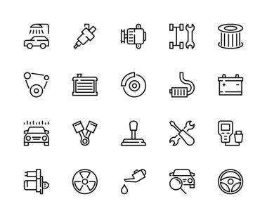 Araba servisi doğrusal vektör simgeleri ayarlandı. Benzin istasyonu. Radyatör, pist, piston, jeneratör, araba yıkama, filtre, yağ, enjektör, fren pedi, şasi ve daha fazlası. Araba servisi simgeleri koleksiyonu.