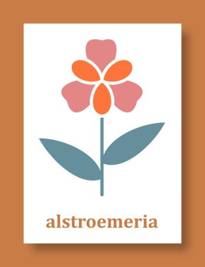 Astromerya çiçeğinin soyut sembolü. Basit bir alstroemeria taç yaprakları ve sosyal medya, kartlar, mobil kavramlar, posterler ve web tasarımı için yaprakları olan bir dal. Vektör illüstrasyonu.