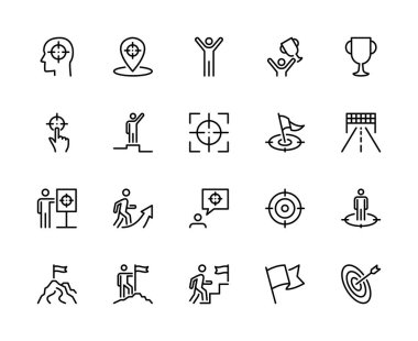 Hedef ve hedef vektör doğrusal simgeleri ayarlandı. İş hedefi. Başarı, başarı, zafer, görev yolu, ilerleme ve daha fazlası. Beyaz arkaplandaki web siteleri simgesi için hedef ve hedefin izole bir koleksiyonu.