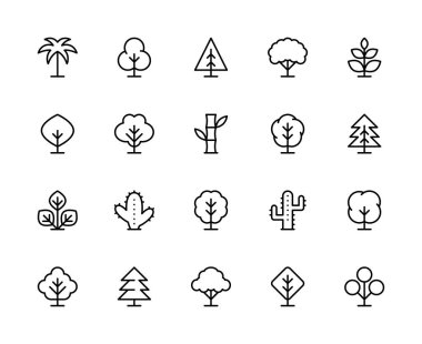 Ağaçlar vektör doğrusal simgeleri ayarlandı. Orman, ağaç, dal, doğa, bitki, ahşap, manzara, ekoloji, yapraklar ve daha fazlası. Beyaz arkaplandaki web siteleri için izole edilmiş ağaç simgesi koleksiyonu.