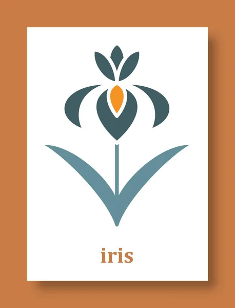 İris çiçeğinin soyut sembolü. Sosyal medya, kartlar, mobil konseptler, iş yerleri, posterler ve web tasarımı için yaprakları olan basit asgari iris yaprakları ve dalı. Vektör illüstrasyonu.