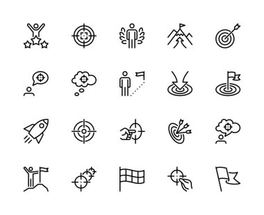 Hedef vektör doğrusal simgeleri ayarlandı. İş hedefi. Başarı, başarı, zafer, görev yolu, ilerleme ve daha fazlası. Beyaz arkaplandaki web siteleri simgesi için hedef ve hedefin izole bir koleksiyonu.