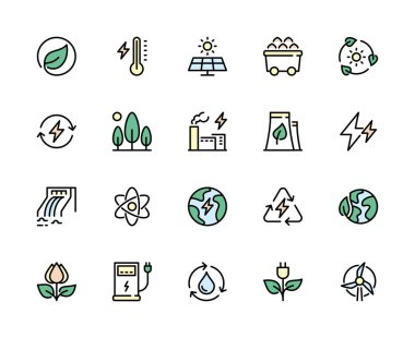 Enerji vektör renk simgelerinin türleri. Enerji tipleri. Güneş pilleri, su, hidroelektrik, bitki, yel değirmeni, şarap ve daha fazlası. Beyaz arkaplan üzerindeki web siteleri simgesi için izole enerji türleri koleksiyonu.