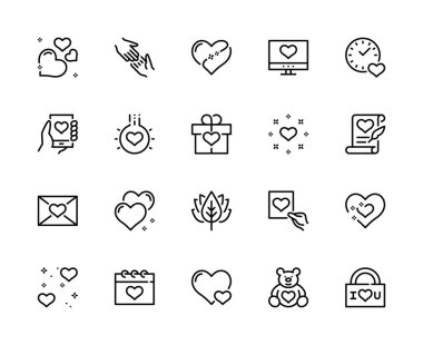 Aşk ve arkadaşlık vektörü doğrusal simgeleri ayarlandı. Kalp, alyans, romantik mektup, saat, hediye, oyuncak, sadakat ve daha fazlası. Beyaz arka planda izole aşk ve arkadaşlık simgeleri koleksiyonu.