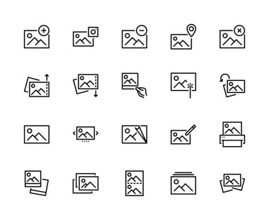 Fotoğraf yöneticiliği. Fotoğraf vektörü doğrusal simgeleri ayarlandı. Kamera, konum, resim, düzenleme, baskı, galeri gibi simgeler içerir. Web siteleri simgesi ve cep telefonu için izole edilmiş fotoğraf koleksiyonu.