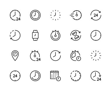 Zaman ve saat vektör doğrusal simgeleri ayarlandı. Zaman yönetimi. Zaman, yönetim, saat, saat, kum saati, zamanlayıcı, ok, iyileşme, takvim ve daha fazlası. Beyaz arkaplanda zaman simgesi koleksiyonu.