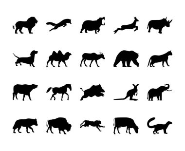Hayvanlar siluet vektör simgeleri ayarlandı. Bir aslan, tilki, su aygırı, dişi geyik, gergedan, köpek, deve, ceylan, ayı, kedi ve daha fazlası. Tasarım için hayvan siluetinden oluşan düz siyah set koleksiyonu.