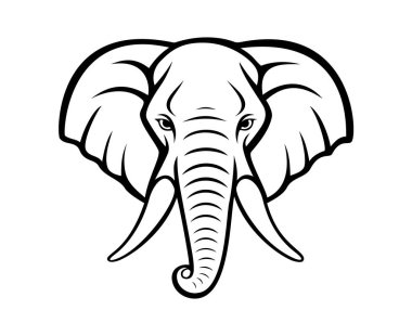 Fil başlı vektör çizimi. Fil, çizim, gövde, kafa, sembol, resim, arkaplanda amblem. Düz şekilli filler grafik ve web tasarımı, logo, şablon, dövme ve daha fazlası için yüzler.