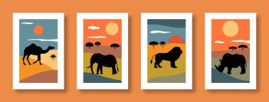 Vektör illüstrasyon, hayvanlarla olan soyut yaşam. Çağdaş sanat. Hayvan devenin, filin, aslanın, sosyal medya için gergedanın, posterlerin, kartpostalların olduğu soyut posterlerin koleksiyonu..