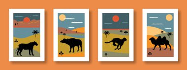 Vektör illüstrasyon, hayvanlarla olan soyut yaşam. Çağdaş sanat. Hayvan dişi aslanların, bufaloların, çitaların, sosyal medya için develerin, posterlerin, kartpostalların olduğu soyut posterlerin koleksiyonu..