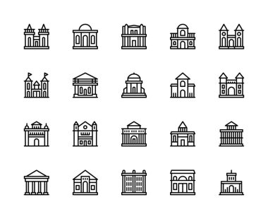 Vektör doğrusal simgeleri oluşturuluyor ve yapılandırılıyor. Kilise, ev, ofis binası, gökdelen, otel, mağaza gibi ikonlar içeriyor. Beyaz arkaplanda izole bina simgeleri koleksiyonu.