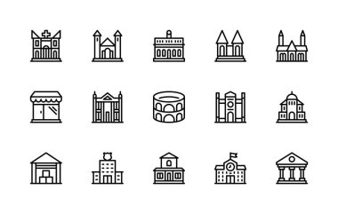 Vektör doğrusal simgeleri oluşturuluyor ve yapılandırılıyor. Hastane, kale, müze, dükkan, parlamento, kütüphane gibi ikonlar içeriyor. Beyaz arkaplandaki binaların izole ikon koleksiyonu.