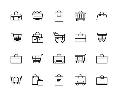 Alışveriş torbası ve sepet vektör doğrusal simgeleri ayarlandı. İçinde alışveriş çantası, paket, alışveriş arabası ve daha fazlası gibi ikonlar var. Beyaz arkaplanda izole edilmiş çanta ve sepet simgeleri.