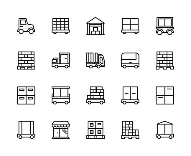 Lojistik ve kargo taşıma vektör doğrusal simgeleri ayarlandı. Traktör, teslimat, ürün, paletler ve daha fazlası gibi ikonlar içeriyor. Beyaz arka planda kamyon lojistik simgelerinin izole bir koleksiyonu.