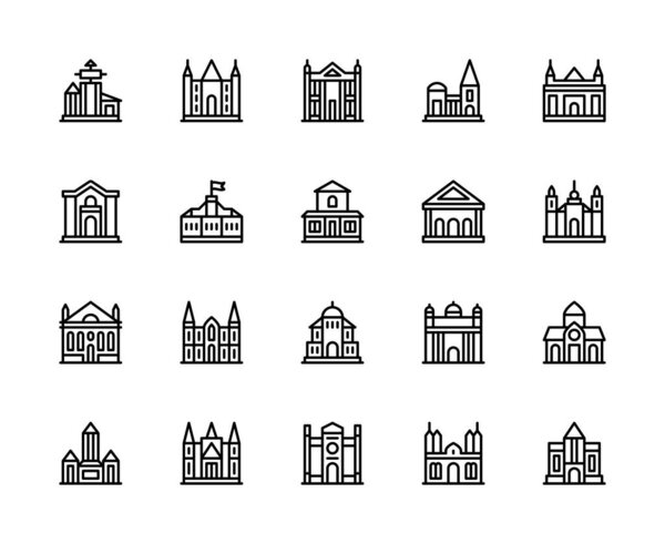 Building and structures vector linear icons set. Contains such icons as tower, dacha, villa, bank, library, church, castle and more. Isolated collection of buildings icons on white background.