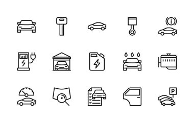 Otomobil vektör doğrusal simgeleri ayarlandı. Araba anahtarı, piston, dur sinyali, elektrik yakıt ikmali, garaj, atölye, tüp gibi ikonlar içeriyor. Beyaz arkaplanda araba ile ilgili simgeler koleksiyonu.