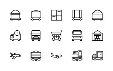 Kargo lojistik vektör doğrusal simgeleri ayarlandı. Kargo, kutu, kamyon, ulaşım, araba, uçak gibi ikonlar içeriyor. Beyaz arka planda kargo lojistik simgelerinin izole edilmiş ikon koleksiyonu.