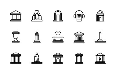 Müze vektör doğrusal simgeleri ayarlandı. Koleksiyonda sergi, galeri, müzik rehberi, heykeller, heykel, anıt gibi ikonlar yer alıyor. Beyaz arkaplanda müzenin izole edilmiş simge koleksiyonu.