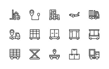 Kargo lojistik vektör doğrusal simgeleri ayarlandı. Forklift, lojistik merkezi, kutular, hava ulaşımı gibi ikonlar içeriyor. Beyaz arka planda kargo lojistik simgelerinin izole edilmiş ikon koleksiyonu.