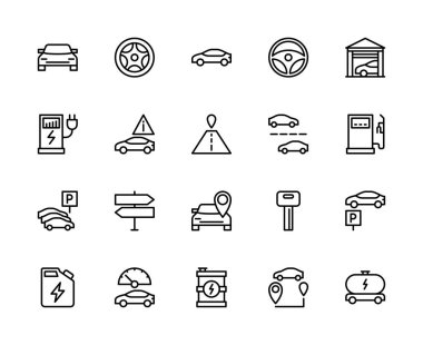 Otomobil vektör doğrusal simgeleri ayarlandı. Otomobil, araba, araba, direksiyon, direksiyon, araba ışıkları, dur sinyali ve daha fazlası gibi ikonlar içeriyor. Beyaz arkaplanda izole edilmiş otomobil koleksiyonu.