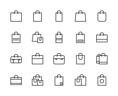 Alışveriş poşeti vektör doğrusal simgeleri ayarlanıyor. İçinde çanta, eko-çanta, paket, el çantası, alışveriş torbası, market poşeti gibi ikonlar var. Beyaz arkaplanda izole edilmiş torba simgeleri koleksiyonu.