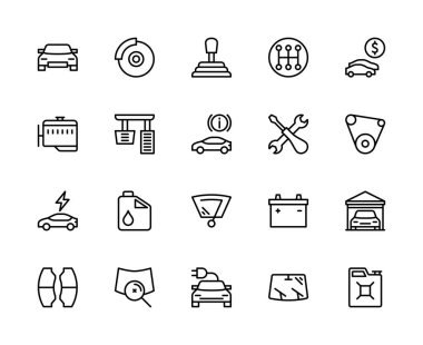 Otomobil vektör doğrusal simgeleri ayarlandı. Araba motoru, şanzıman, frenler, gaz pedalı, araba numarası, araba galerisi ve daha fazlası gibi ikonlar içeriyor. Beyaz arkaplanda münferit araba simgeleri koleksiyonu.