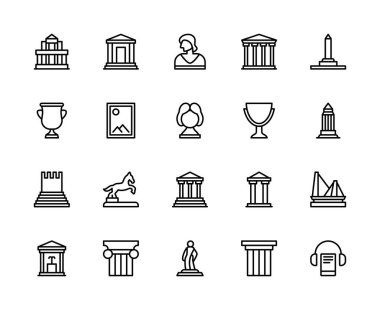 Müze vektör doğrusal simgeleri ayarlandı. Sergi, antikalar, tablolar, ses rehberi, sergiler, anıt ve daha fazlası gibi ikonlar içeriyor. Beyaz arkaplanda müzenin izole edilmiş simge koleksiyonu.